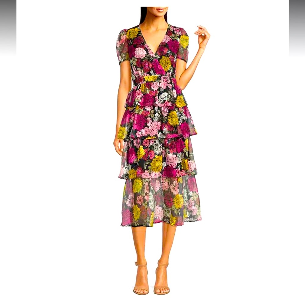 ADELYN RAE Floral Print V-Neck Short Puff Sleeve Ruffle Tiered Midi Dress XL